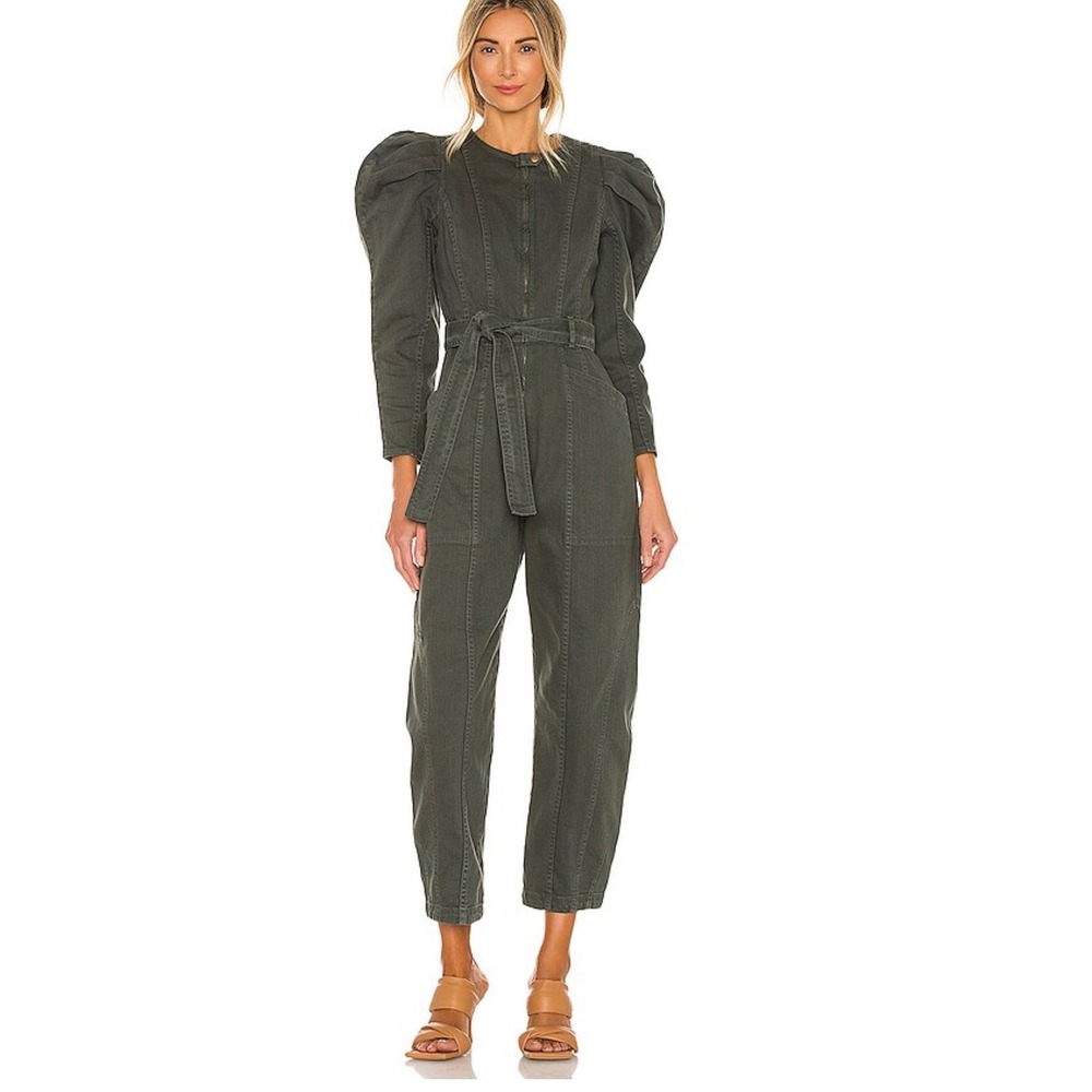 Ulla Johnson‎ Puff Sleeve Denim Jumpsuit Washed Olive Green  Belted Zip 12